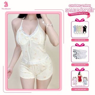  Set Bộ Đồ Ngủ Nữ Có Mút In Hoa Nhí Áo Cổ Yếm Viền Ren Đính Nơ Kèm Quần Mini Chất Cotton Thông HơiTHE BLOOM | SE031 
