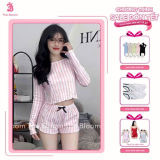  Set đồ ngủ sọc hồng tay dài kèm quần short phối nơ ống xòe set ngủ tiểu thư chất cotton Loungewear THE BLOOM|SE015 
