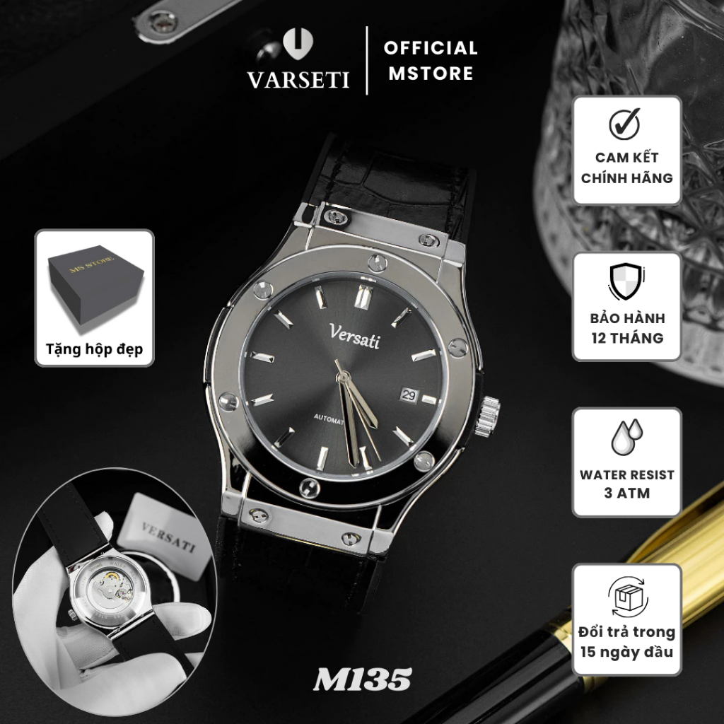 Đồng hồ nam Versati , from hbl, bộ máy cơ , khóa bấm thông minh , đồng hồ đeo tay chống nước , dây d