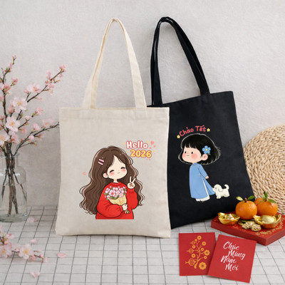 Túi vải Tote in hình bé gái Tết kích thước 33x37 có ngăn phụ và khóa khéo đựng vừa A4 Loza TOTE34