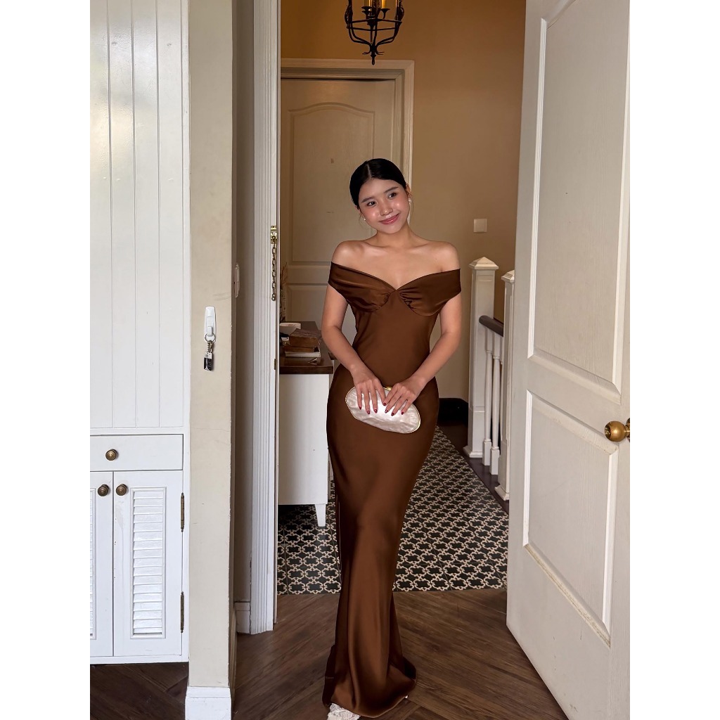 Đầm lụa Váy lụa trễ vai, Đầm lụa nhún ngực đi tiệc dáng dài, Váy lụa dài dự tiệc sang chảnh