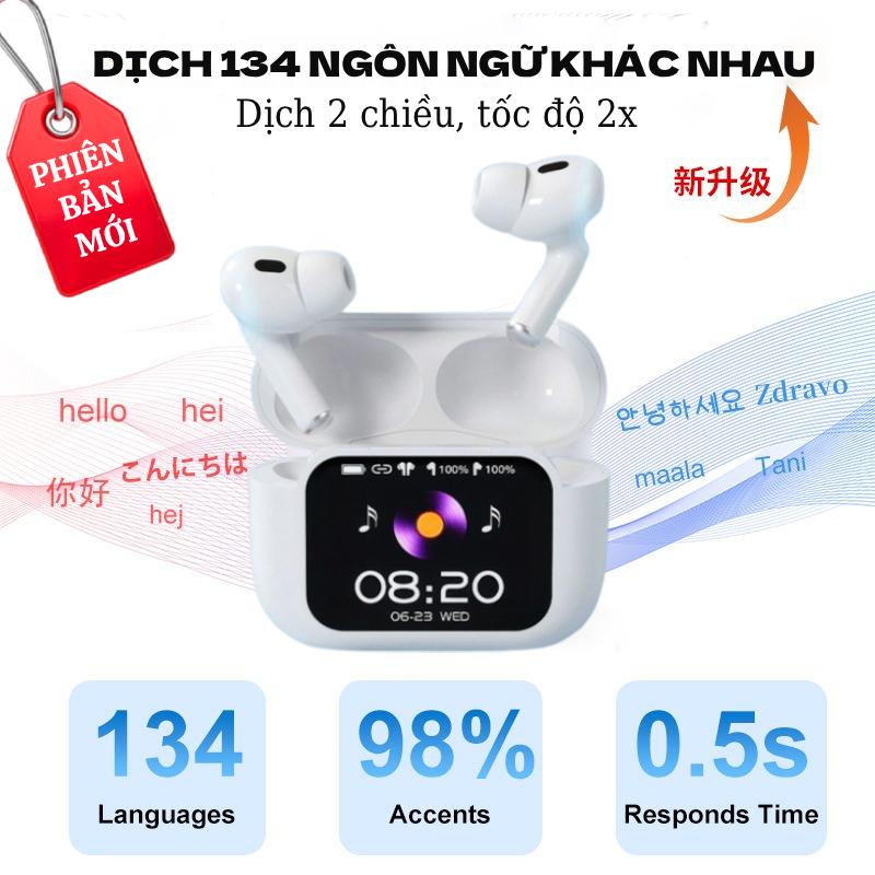 Tai nghe phiên dịch A12 PRO, Tai nghe bluetooth dịch thuật AI 134 ngôn ngữ (Phiên bản mới) màn hình LED 29 chức năng