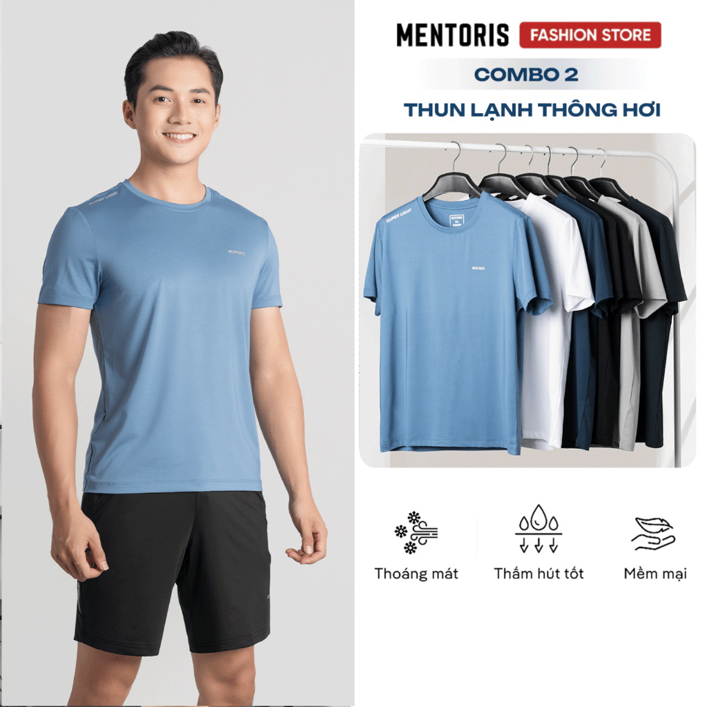 COMBO 2 Áo thun nam cổ tròn MENTORIS, vải thun lạnh thông hơi thoáng khí, co giãn thoải mái CB2MTS01