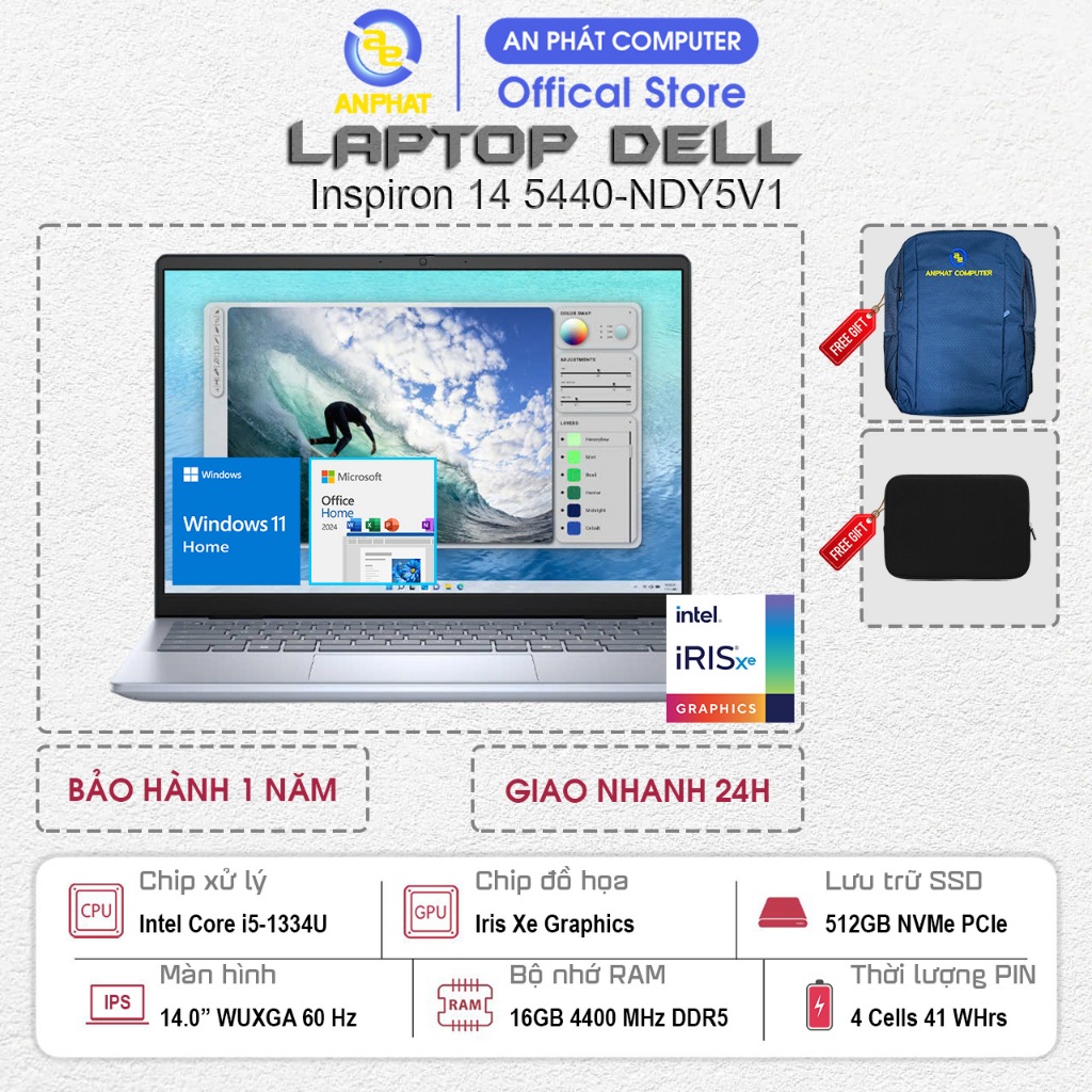 Laptop Dell Inspiron 14 5440-NDY5V1, Core i5-1334U, 16GB RAM, 512GB SSD, 14.0 FHD+, Win11, Office202