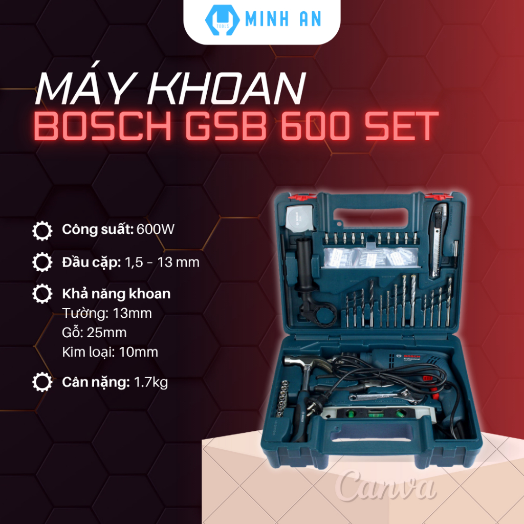Bộ máy khoan động lực 600W Bosch GSB 600 SET 100 món Hàng chính hãng