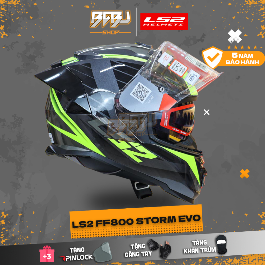 Combo Mũ Fullface LS2 FF800 EVO Nerve Đen Xanh Vàng Đuôi Gió Dài – Chuẩn An Toàn ECE 22.06
