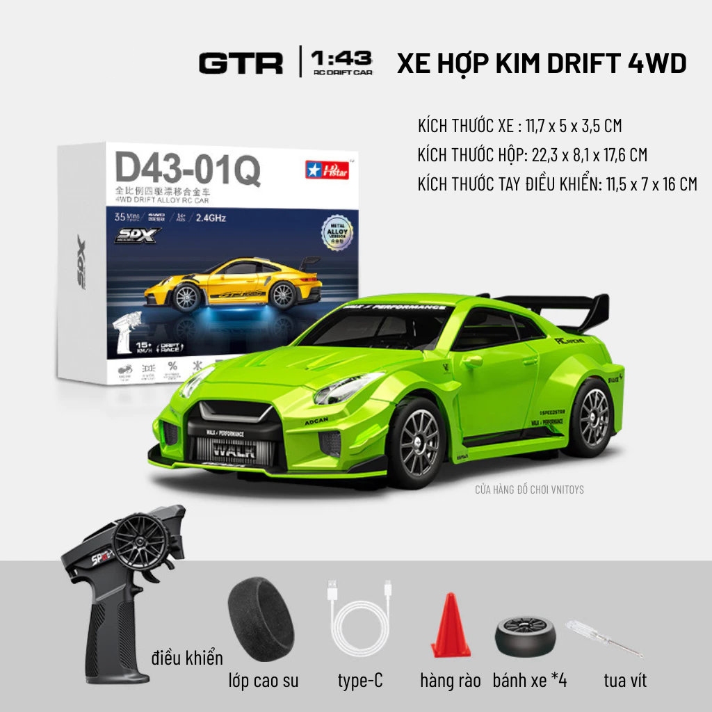 Xe Drift D43 Tỉ Lệ 1:43 – RC 4WD Kim Loại, Đèn LED, Servo & Gyro, Xe Điều Khiển Từ Xa Mini Cao Cấp