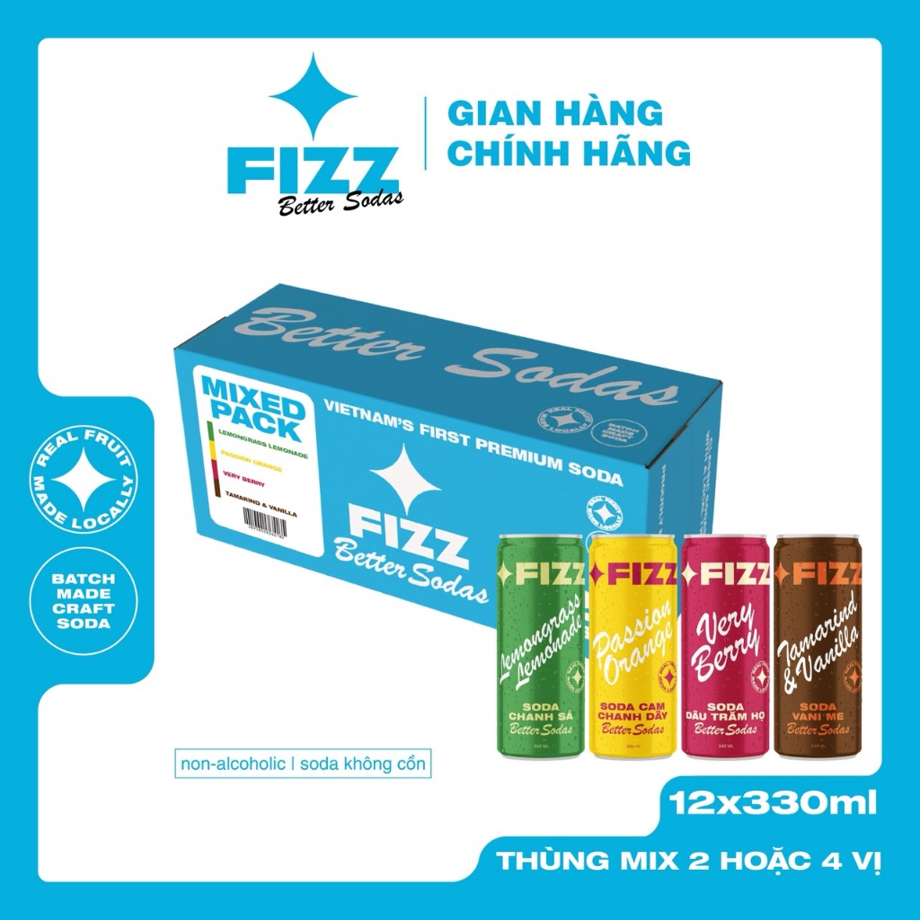 Fizz Soda Mix Nhiều Vị - Thùng 12 Lon 330ml