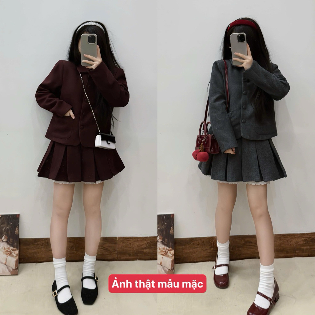 [S2.4246] Set Dạ Cổ Sen Cúc Bọc Hàng 2 Lớp Mix Chân Váy Xếp Ly Phối Ren 2 Màu | BigBuy360 - bigbuy360.vn