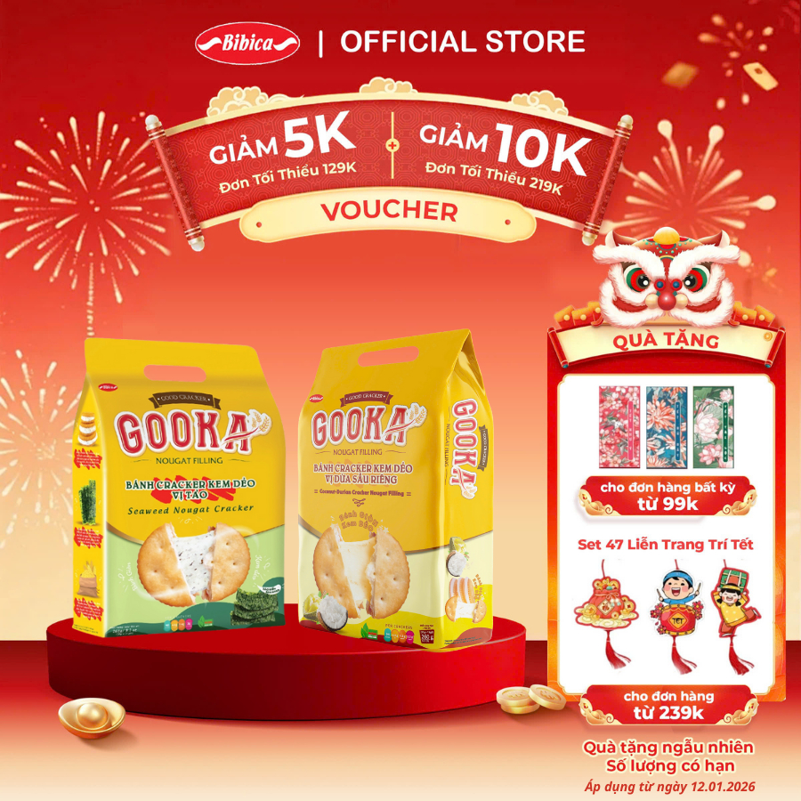Combo 2 Bánh Gooka Cracker Nougat Filling Vị Tảo Biển/ Dừa Sầu Riêng Bibica
