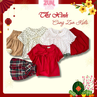  Set áo cổ sen AZB600 buộc nơ & chân váy bí đính nơ dễ thương cho bé gái ZUN Kids - đồ Noel đi chơi dự tiệc chơi tết 
