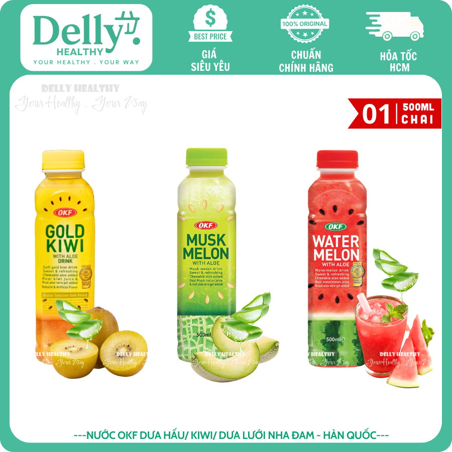 Nước ép Dưa Hấu Nha Đam / Dưa Lưới Nha Đam / Kiwi Nha Đam OKF Hàn Quốc 500ml- Dellyhealthy