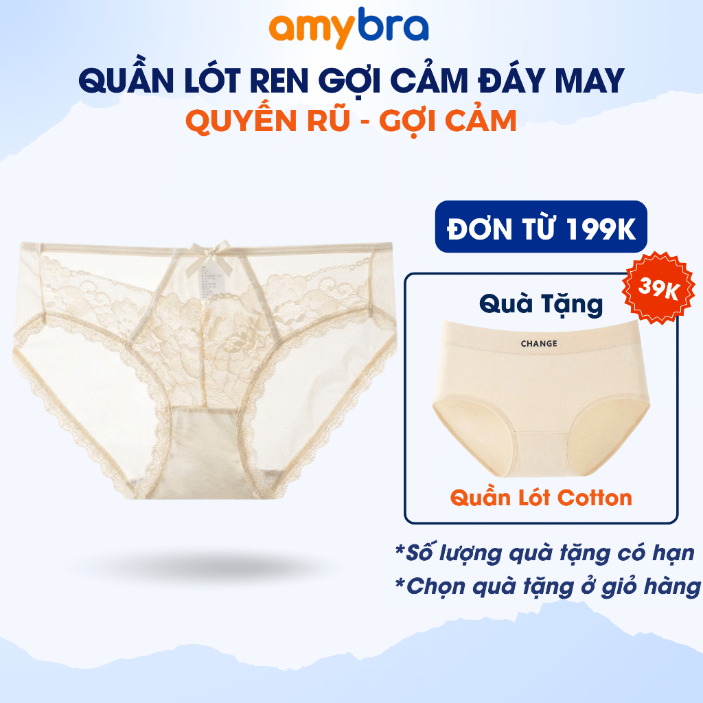 Quần Lót  Nữ Ren Đính Nơ Dễ Thương - Quần Chip Nữ Cạp Vừa Mặc Êm Đáy Kháng Khuẩn AMYBRA L8809
