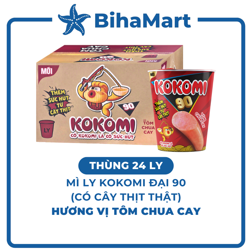 [THÙNG 24 LY]-MASAN- Mì ly Kokomi 90 hương vị Tôm chua cay (có cây thịt thật), Mì ly Tôm chua cay Ko