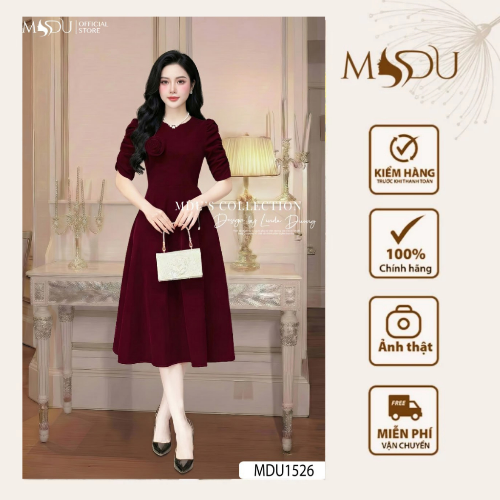 Váy Nhung Hàn MDU1526 Họa Tiết Đính Nơ Tinh Tế Cùng Gam Đỏ Vô Cùng Bắt Mắt Từ MDU K59-D2-1