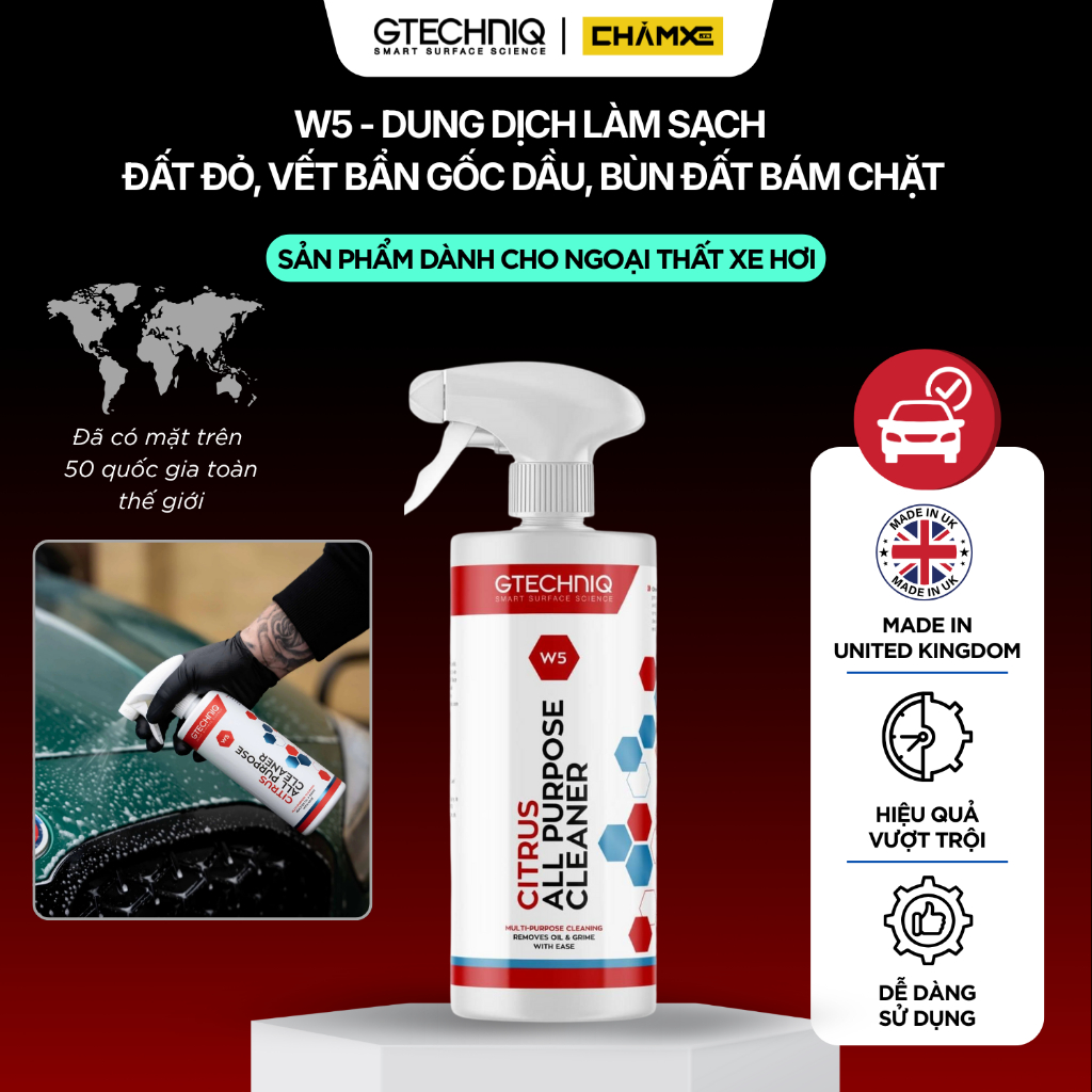 (Chai 500ml) Dung Dịch W5 Làm Sạch Đất Đỏ Và Vết Bẩn Gốc Dầu Cho Xe Hơi - Gtechniq W5 Citrus All Pur