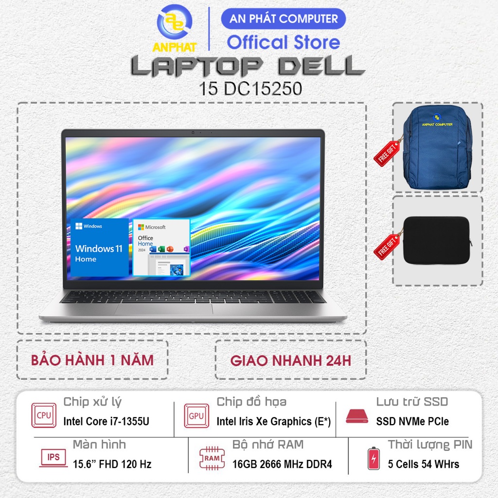 Laptop Dell 15 DC15250 DC5I7748W1, Core i7 1355U, 16GB RAM, 512GB SSD, 15.6 FHD 120Hz, Win11, Office