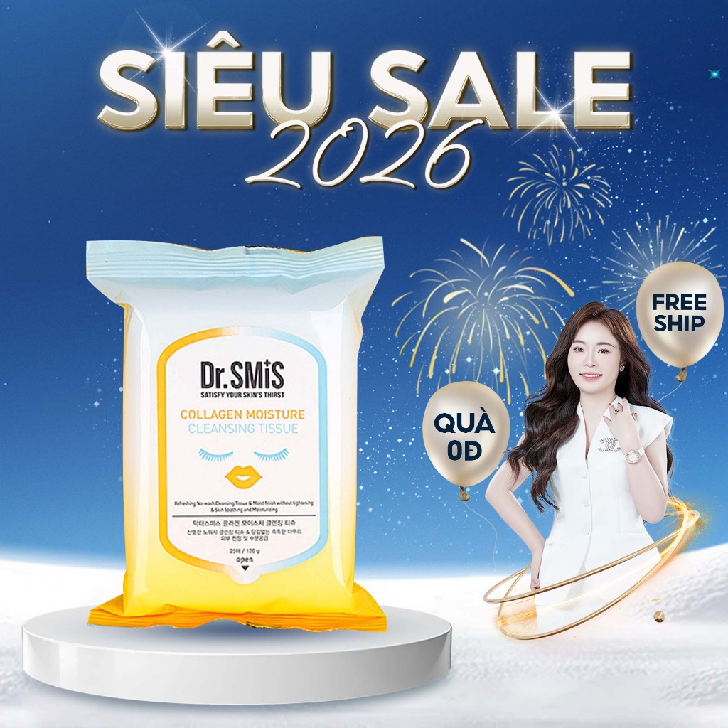 Khăn ướt tẩy trang Dr.SmiS Collagen Daycell làm sạch da tiện lợi túi 25 miếng