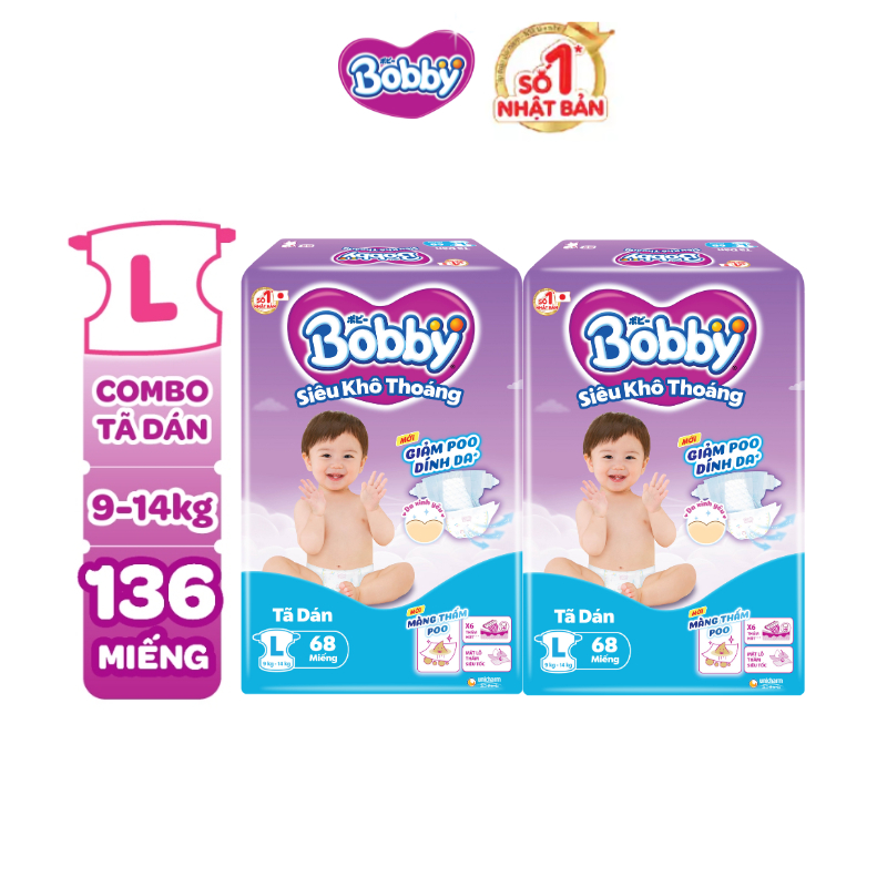 Combo 2 tã dán Bobby S80/M76/L68/XL62/XXL56 mới- Lõi nén cotton-soft 3mm