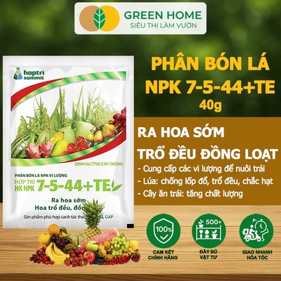 Phân Bón Lá Hợp Trí HK NPK 7-5-44+TE GreenHome, Gói 40gr, Kích Thích Ra Hoa Đồng Loạt, Tăng Đậu Trái