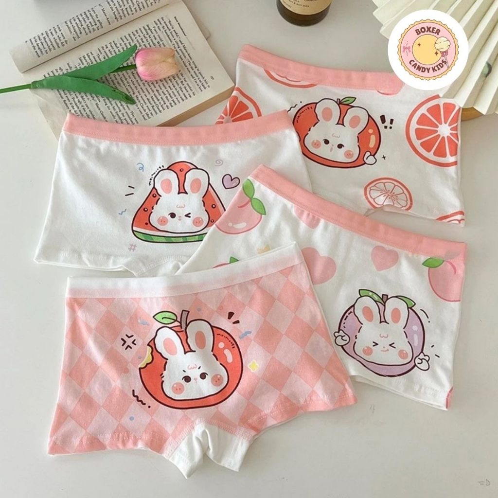 Combo 4 Quần Chíp Đùi Bé Gái Họa Tiết Thỏ Dưa Hấu – Quần Lót Tam Giác Cotton Thoáng Mát, Co Giãn