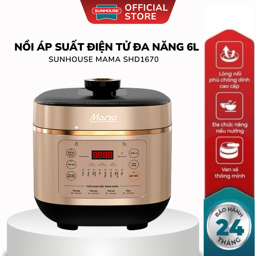 Nồi áp suất điện tử đa năng 6L Sunhouse Mama SHD1670 - Bảo Hành 24 Tháng, Đa Dạng Chế Độ Nấu