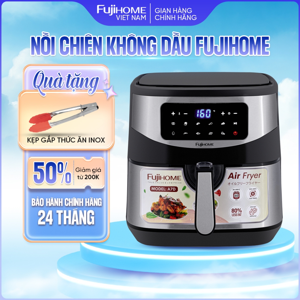 Nồi chiên không dầu 8L điện tử Fujihome Nhập Khẩu, Nồi chiên ko dầu 9 chế độ nấu không hơi nước 8lít tự ngắt tặngk kẹp