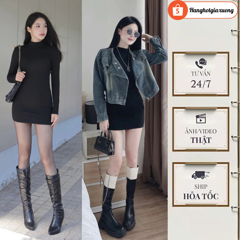 Đầm Ôm Body Nữ Tay Dài Cổ Cao – Váy Body Đen Basic Tôn Dáng, Phong Cách Sang Trọng Cá Tính HCOM3455