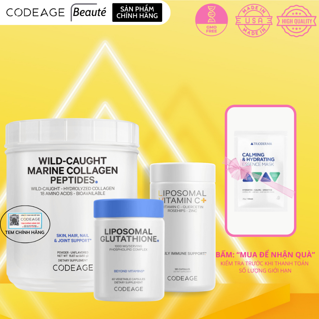 Combo Hỗ trợ Phục hồi da chuyên sâu Codeage (Marine Collagen 450g, Vitamin C 180 viên, Glutathione 60 viên)