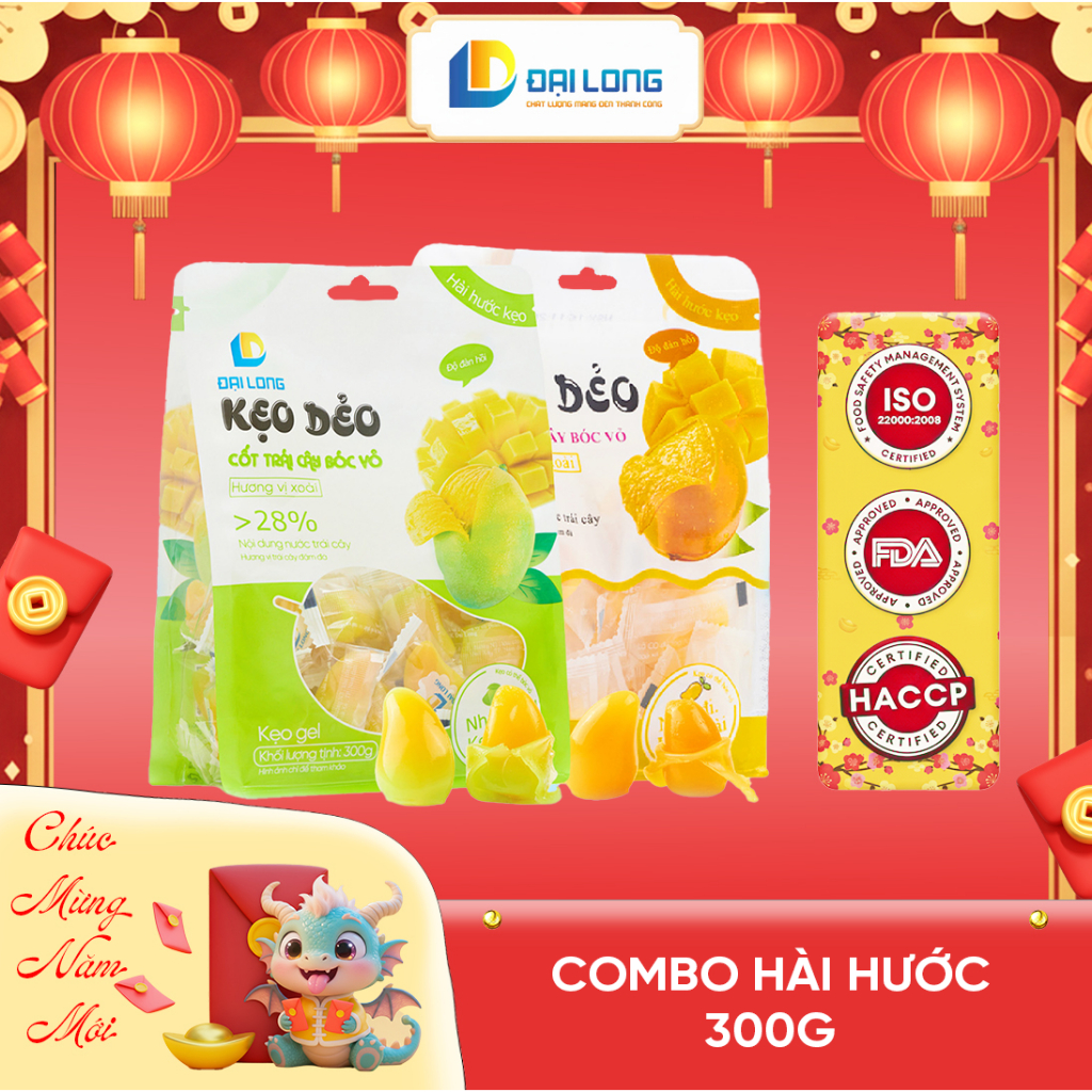  COMBO HÀI HƯỚC Đại Long KẸO TẾT gồm 2 gói kẹo dẻo bóc vỏ vị xoài xanh xoài chín vừa ăn vừa chơi 