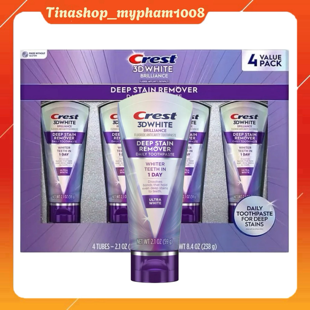 Kem đánh răng Crest 3D White Brilliance Deep Stain Remover Ultra White siêu trắng 59g
