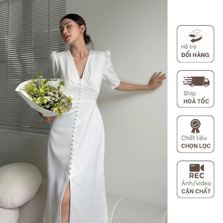 Đầm lụa cổ V lụa Mango