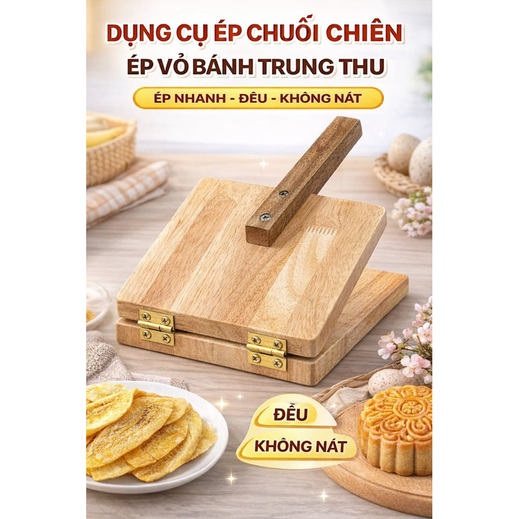 Dụng cụ ép chuối chiên/ép vỏ bánh trung thu làm bằng gỗ tự nhiên.
