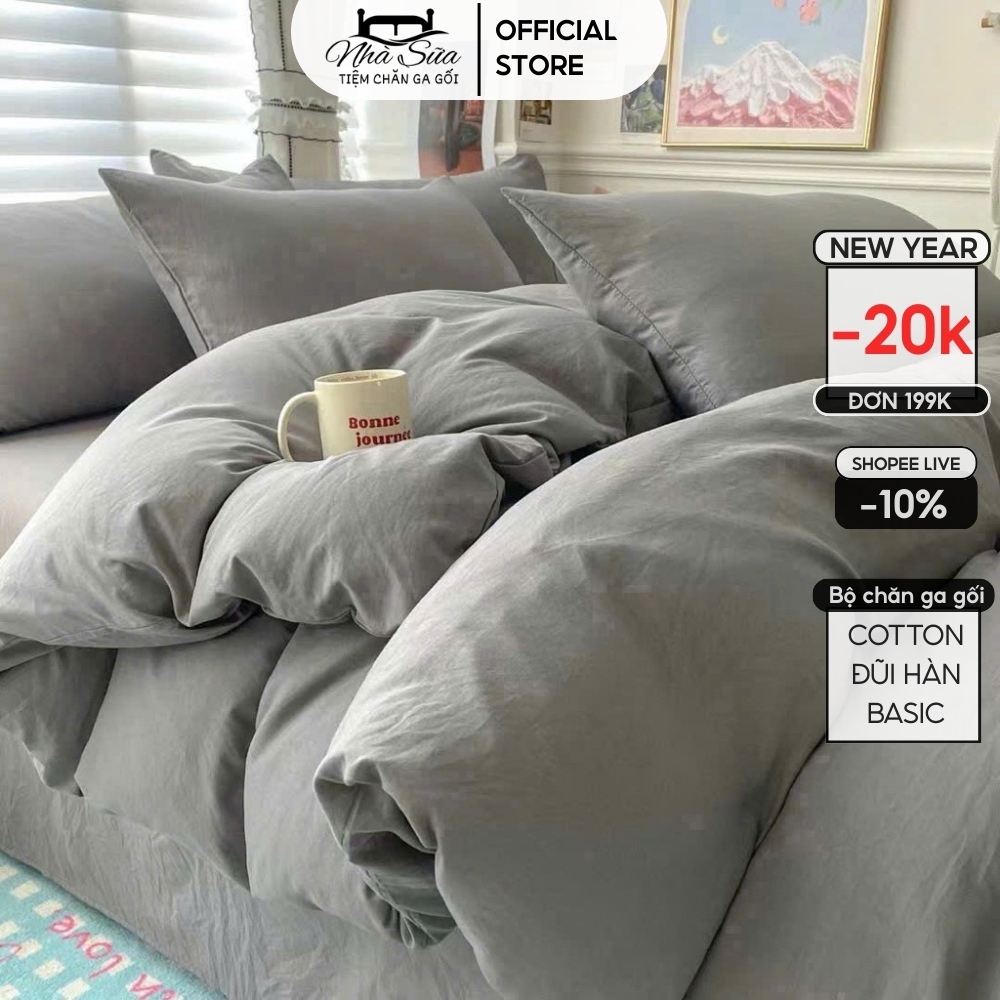 Bộ vỏ chăn ga gối Cotton Đũi Hàn basic nhiều màu hàng nhập khẩu