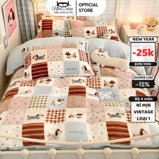   GIẢM 25K  Bộ vỏ chăn ga gối nỉ mịn 4 món phong cách vintage không tích điện không rụng lông dùng mùa đông 2025 