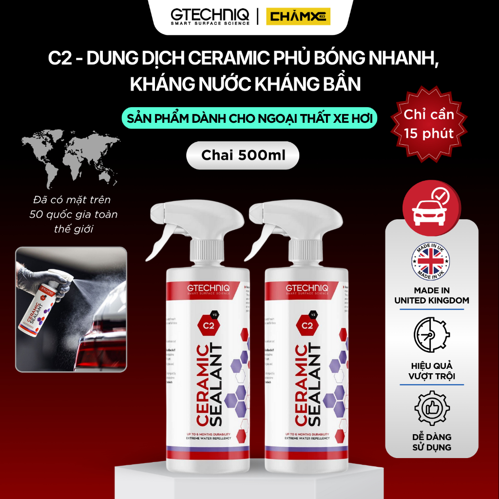 (Chai 500ml) Dung Dịch C2 Phủ Bóng Nhanh Ceramic Kháng Nước Kháng Bẩn Cho Xe Hơi - Gtechniq C2 Ceram