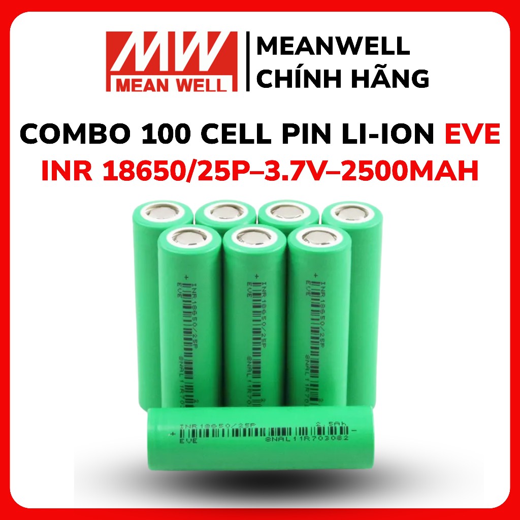 Combo 100 cell pin Li-ion EVE INR18650/25P–2500mAh 3.7V dòng xả tối đa 30A - Hàng mới chính hãng