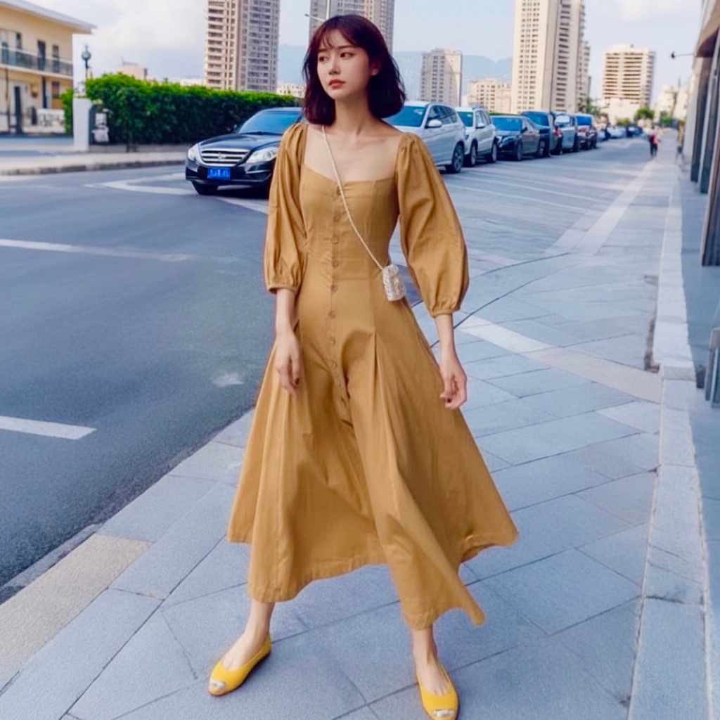 Đầm midi vàng bò nút gỗ tay lỡ (kèm hình thật)