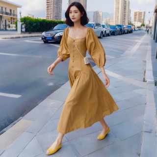 Đầm midi vàng bò nút gỗ tay lỡ (kèm hình thật)