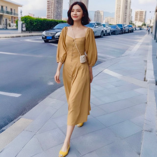 Đầm midi vàng bò nút gỗ tay lỡ (kèm hình thật)