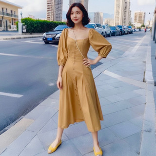 Đầm midi vàng bò nút gỗ tay lỡ (kèm hình thật)