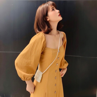 Đầm midi vàng bò nút gỗ tay lỡ (kèm hình thật)