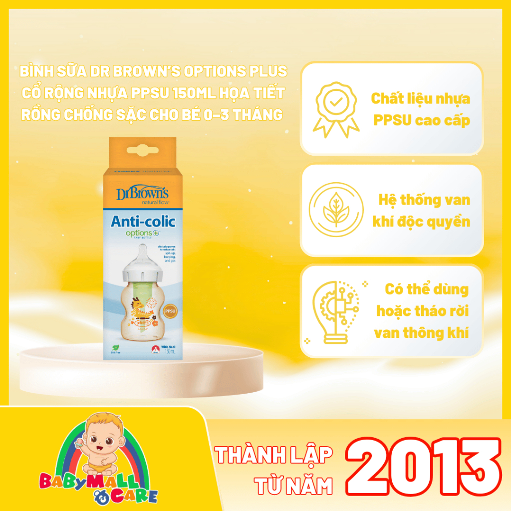 Bình Sữa Dr Brown’s Options Plus Cổ Rộng Nhựa PPSU 150ml Họa Tiết Rồng Chống Sặc  – Babymall & Care