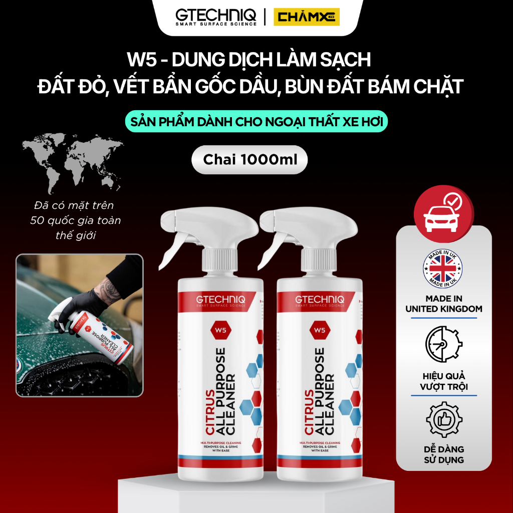 (Chai 1000ml) Dung Dịch W5 Làm Sạch Đất Đỏ Và Vết Bẩn Gốc Dầu Cho Xe Hơi - Gtechniq W5 Citrus All Pu