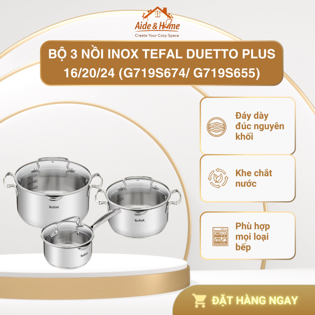 Bộ 3 nồi inox Tefal Duetto Plus 16/20/24 (G719S674) - Bảo hành chính hãng 2 năm