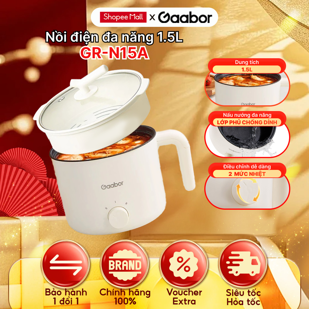 Nồi điện đa năng Gaabor GR-N15A, nồi lẩu mini 1.3L chống dính, công suất 600W, 2 mức nhiệt
