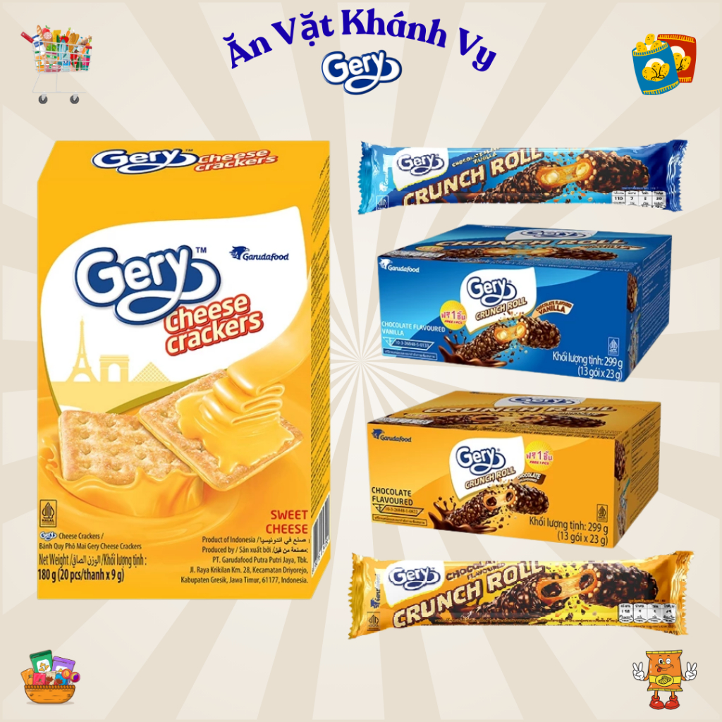 Bánh Quy Phô Mai Gery Cheese Crackers và Bánh Cuộn Gery Crunch Roll Phủ Socola - HÀNG CHÍNH HÃNG