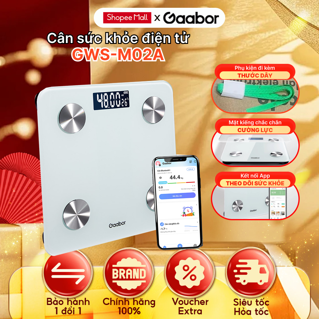 Cân điện tử sức khỏe thông minh Gaabor GWS-M02A - Kích thước 26x26cm, màu trắng