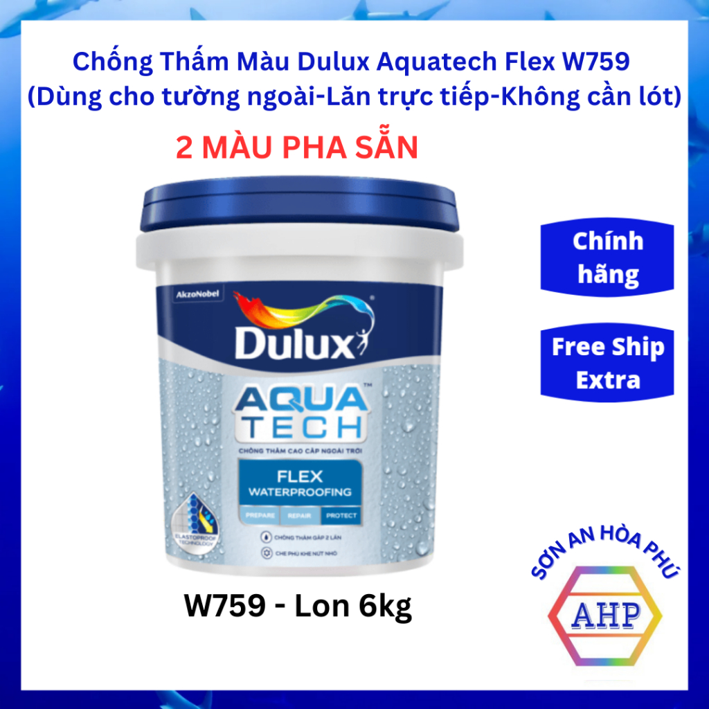 Sơn chống thấm Màu Dulux Aquatech Flex W759 - Lăn trực tiếp cho tường - Lon 6Kg - Sơn An Hòa Phú