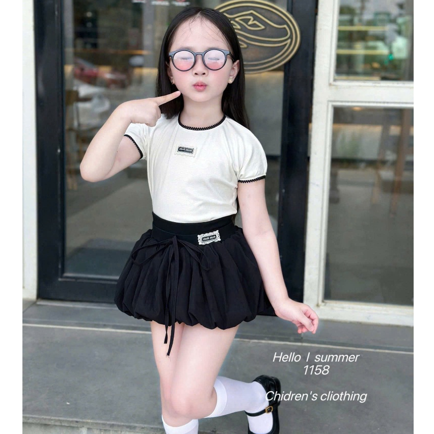 Set Váy Bí Tết Phối Viền Ren Cho Bé Gái, Chân Váy Quần Dáng Bí Mix Áo Thun Trắng MặcTết Bé Gái từ 10